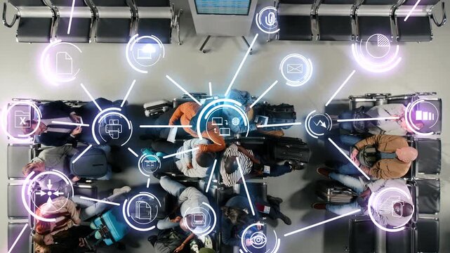 Top down view of people in busy airport waiting for plane, digital ecosystem VFX compositing. Multiethnic travelers with luggage chatting before boarding departure gate opens, data network overlay