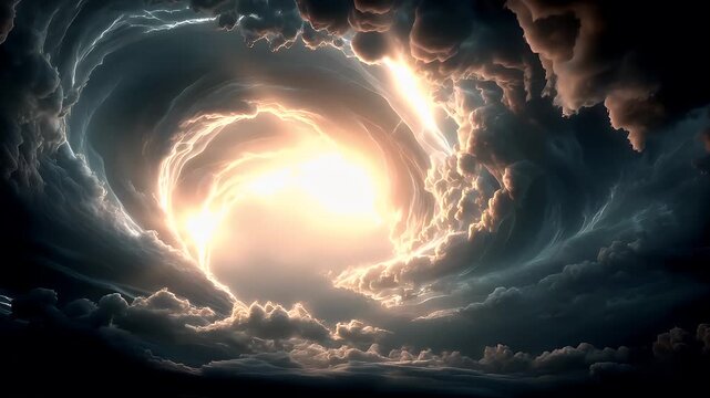 Tornado, twister, weather, natural disaster. A dramatic digital artwork depicts a stormy sky. The main subject is a swirling vortex of dark, stormy clouds, illuminated by a bright.