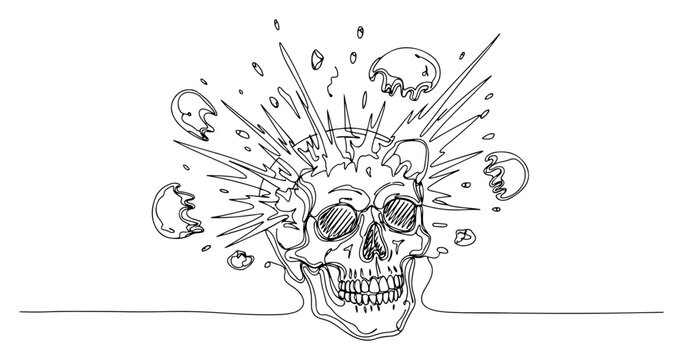 Human skull exploding with fragments flying out in continuous line art style
