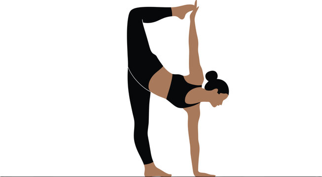 Woman practicing standing split yoga pose with leg extended upwards and hand on floor black leggings leg up hand down bent forward white background full length flexibility exercise