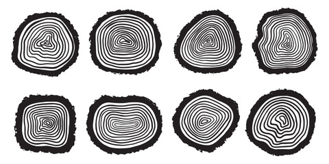 Wood tree trunk rings silhouette. Hand drawn vector set. Detailed black and white texture of a felled tree trunk or stump. Rough organic tree rings with close up of end grain. Circle topography © Md