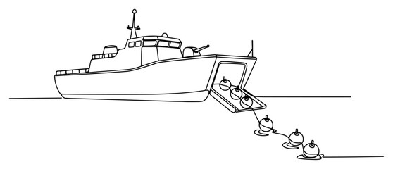 Naval ship deploying sea mines from back ramp in continuous line art style © Katarzyna