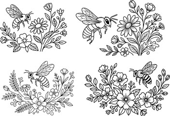 Fototapeta premium bee on flowers icon set