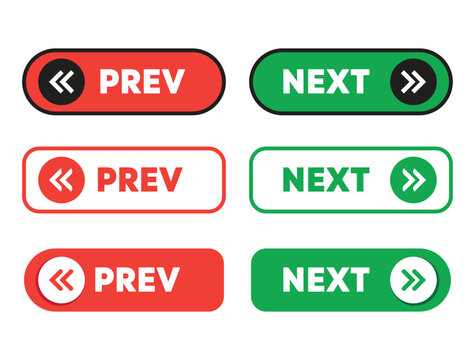 Prev and Next Button Set in Red and Green with Flat Navigation Style for UI or Web