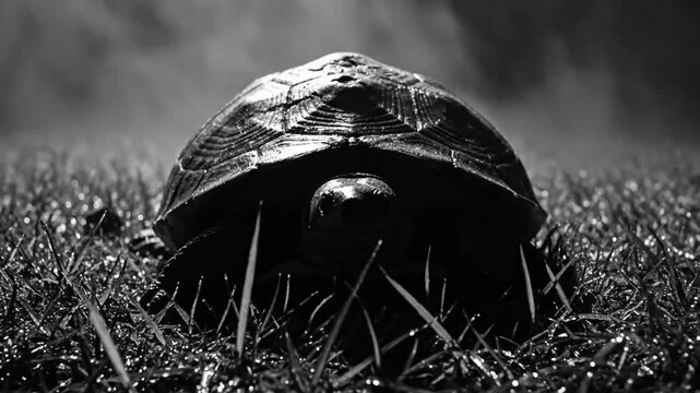 Black and White Artistic Close Up of a Tortoise in the Grass with Dark Fog in the Background