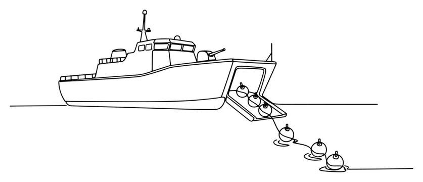 Naval ship deploying sea mines from back ramp in continuous line art style