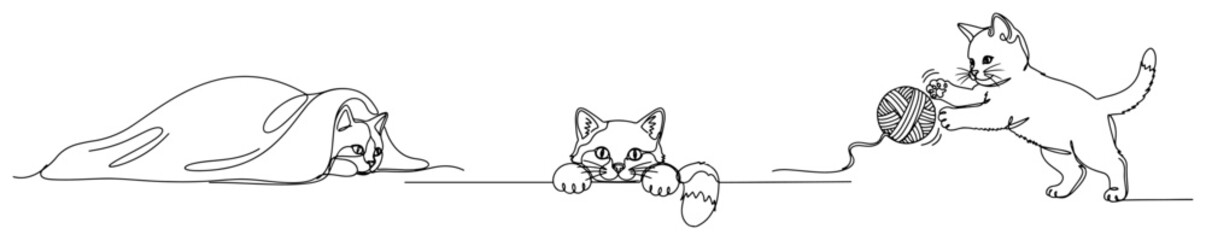 Playful kittens hiding under blanket and playing with yarn ball in continuous line art style © Katarzyna