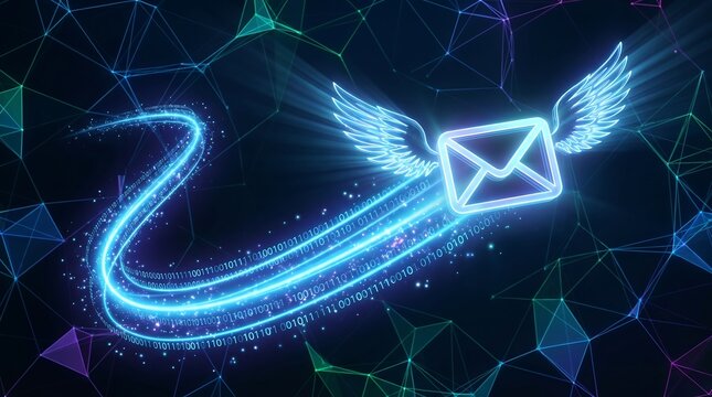 Digital email icon with wings flying through neon data stream of binary code and network nodes for global communication and high speed data transfer concept in professional 3D art