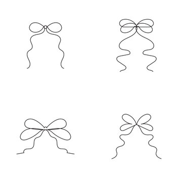 Minimal Bow Ribbon Line Icon Collection. Set of elegant hand drawn bow and ribbon line icons for gift wrapping, decoration, branding, wedding, and festive design projects.