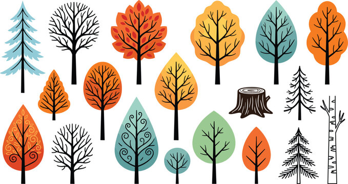 Colorful Autumn Tree Collection with Decorative Forest Silhouettes, Bare Branches, and Seasonal Nature Elements for Modern Vector Illustration Design