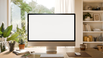 Fototapeta premium Computer Mockup with Blank Screen and Natural Light - Modern Home Office