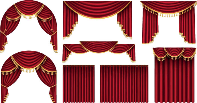 Set of isolated red velvet theater curtains with gold decoration framing a stage backdrop for an opera performance or cinema movie show presentation vector illustration
