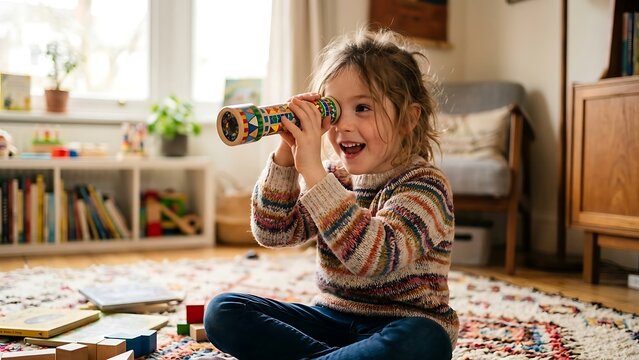 Happy young child looking through toy kaleidoscope while sitting on floor