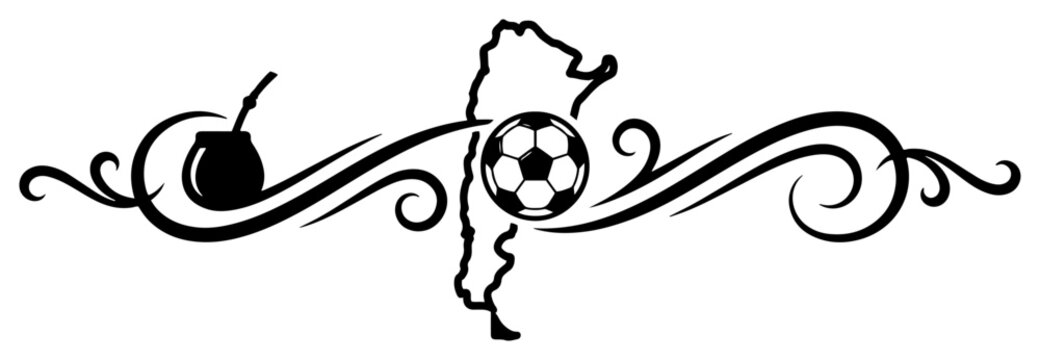 Argentina map with soccer ball and mate drink in decorative calligraphic style