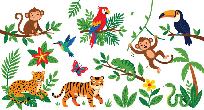 Cute Jungle Animal Collection with Monkey, Tiger, Toucan, Parrot, Chameleon, and Tropical Nature Elements for Colorful Wildlife Vector Illustration Design