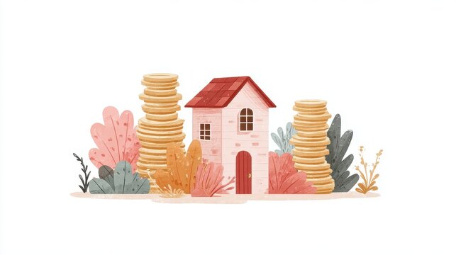 First home buyer savings concept, charming starter house and gradual coin stacks, friendly commercial illustration, soft pastel earth tones, isolated on white background.
