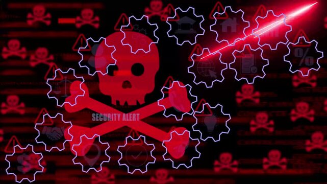 Cybersecurity threat concept featuring digital skull warning and malicious code injection with rotating gear interface for network protection and data breach analysis