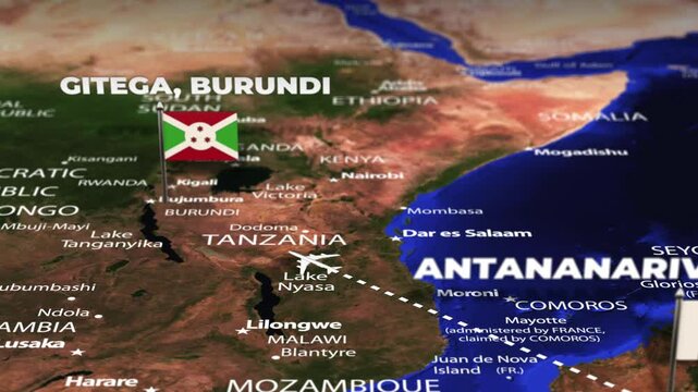 Flight From Antananarivo MADAGASCAR to Gitega BURUNDI with flag pins