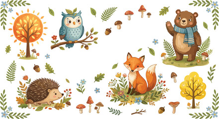 Cute Woodland Animal Collection with Fox, Bear, Owl, Hedgehog, Autumn Trees, and Forest Nature Elements for Whimsical Vector Illustration Design © MdNazmul