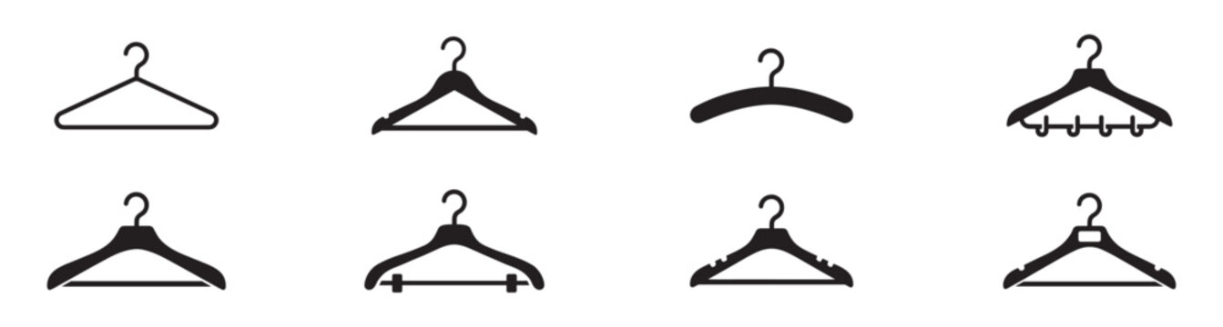 Clothes Hanger Icon Set. Different Shapes, Outline, Solid, and Textured Hangers. Home, Closet, Fashion Retail. Vector Illustration.