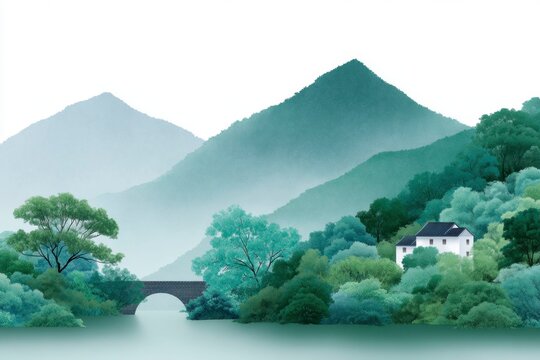 houses and bridges in the distance, green mountains next to them, colorful colors, light gray sky, white background