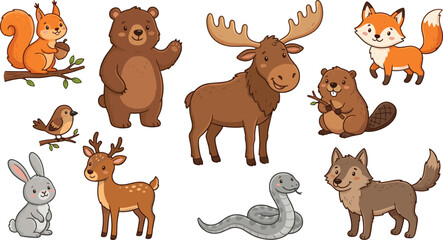 Fototapeta premium Cute Woodland Animal Collection with Moose, Bear, Fox, Wolf, Beaver, Rabbit, Deer, and Forest Wildlife Characters for Adorable Vector Illustration Design