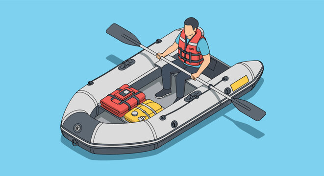 Isometric illustration of a man wearing a life jacket and rowing a gray inflatable raft with supplies across blue water.