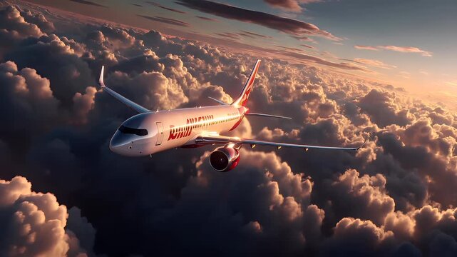 Travel trip journey. A vivid portrayal of an airplane soaring above a vast expanse of fluffy clouds at sunset. The sky is painted in warm hues of orange, pink, and purple.