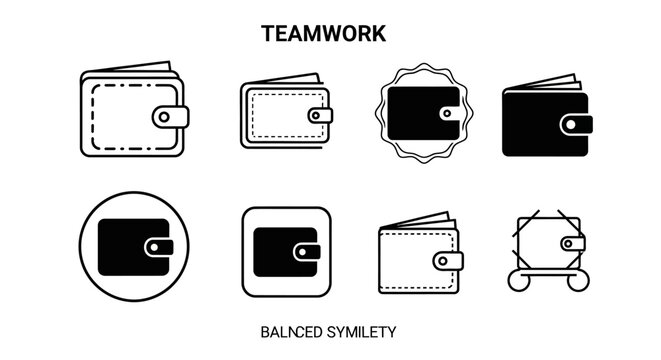 Set of wallet icons in black and white line art style