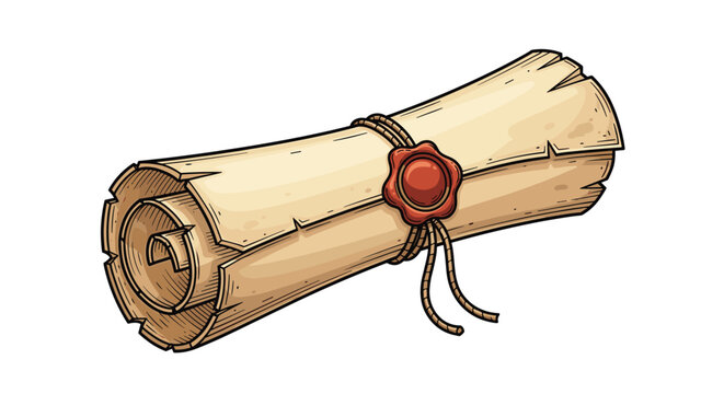Ancient rolled parchment scroll secured with a string and a red wax seal symbolizes history and secret documents.