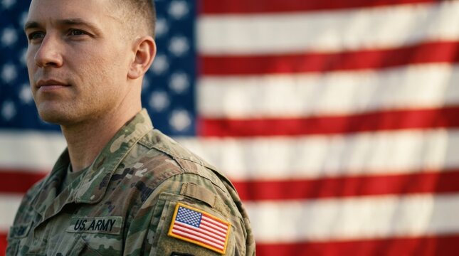 Man in u.s. army uniform standing solemnly before large american flag at cemetery. Soldier paying tribute to fallen comrades on memorial