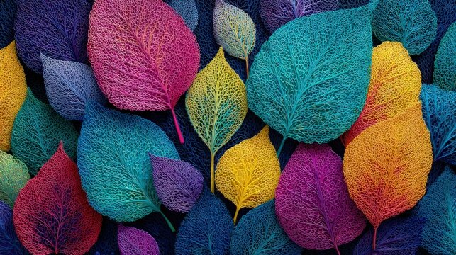 Colorful leaf skeletons with intricate vein details in vibrant pink teal yellow and purple on a dark background