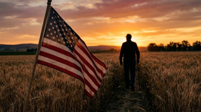 Silhouette of man wearing cowboy hat walking through golden wheat field at sunset. American flag on pole in rural countryside. Patriotism and freedom concept for Independence Day.