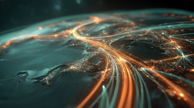 Global investment pathways visualized as glowing highways across Earth, futuristic realism, teal orange palette, 3D render, finance concept.