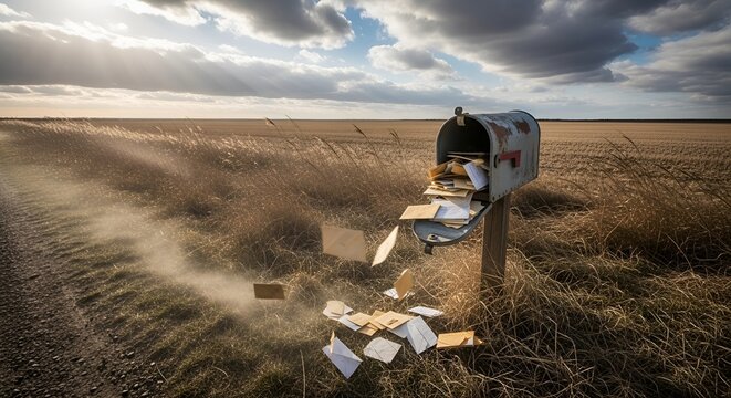 Overwhelmed Rural Mailbox Overflowing with Letters and Junk Mail in Dusty Field