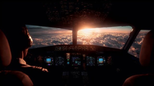 Travel trip journey. A vivid portrayal of an airplane cockpit at sunset. The pilot, seated in the cockpit, is focused on the flight path.