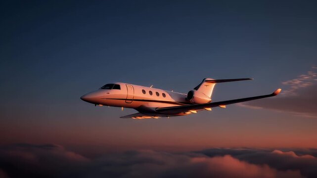 Travel trip journey. A vivid portrayal of a private jet soaring above a vast expanse of clouds during sunset. The sky is painted in warm hues of orange, pink, and purple.