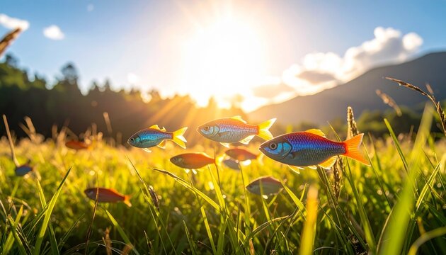 青空のゴールデンアワーに輝く草原の草の間をカラフルな魚たちが群れをなして泳ぐシュルレアリスム