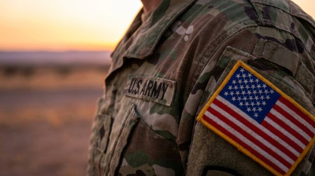 American flag patch and chevron insignia on military camouflage uniform shoulder. Symbol of U.S. armed forces patriotism and service. Independence Day military honor and veteran appreciation concept.