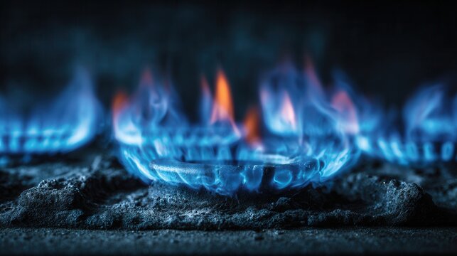 Side view of controlled blue fire on gas stove with photorealistic flame and realistic kitchen burner detail