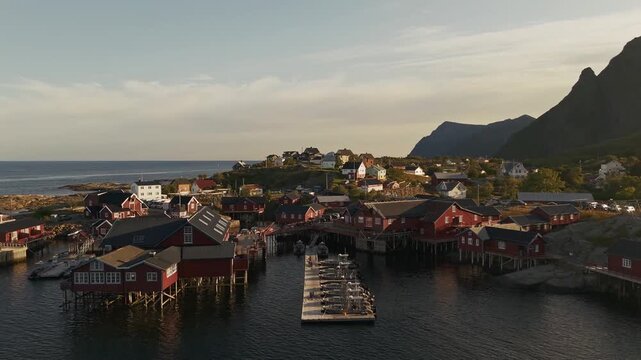 Panoramic Aerial View of Coastal Village Harbor and Blue Sea in Northern Norway