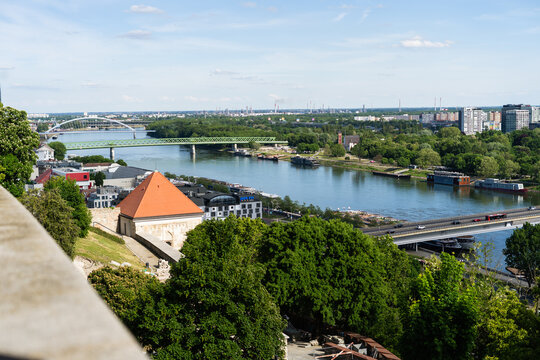 View of the Danube river and city bridges from a high vantage point in Bratislava, Bratislava Region, Slovakia.
