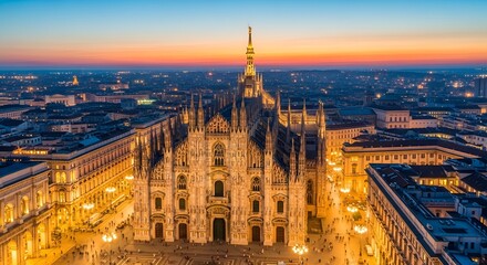 Fototapeta premium Milan Cathedral Duomo at twilight aerial view, Italy landmark, cityscape skyline