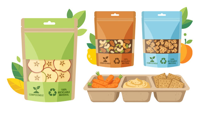 Vector illustration of healthy snacks, including dried fruit, nuts, and vegetable sticks with dip, emphasizing eco-friendly packaging and organic ingredients