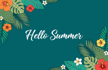 Obraz premium tropical floral illustration with hello summer text on teal background