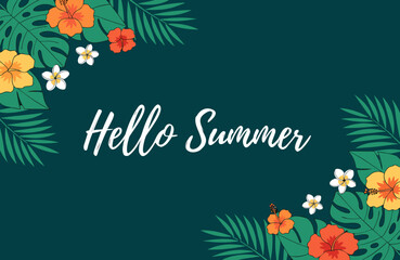 Fototapeta premium tropical leaves and flowers illustration with hello summer text