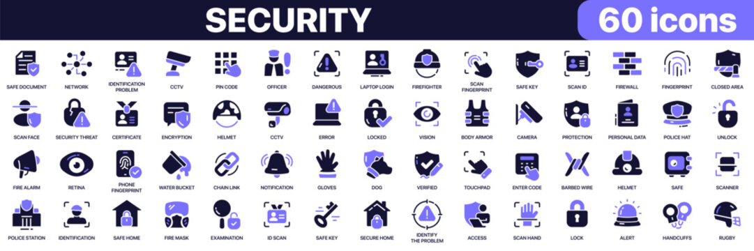 Security icon collection in purple colored style. Includes fingerprint, firewall, CCTV, encryption, protection, scanner and secure home icons in flat fill style