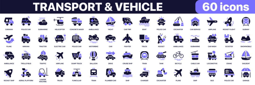 Transport and vehicle icon collection in purple colored style. Includes airplane, train, truck, ambulance, scooter, submarine and transport service icons in flat fill style