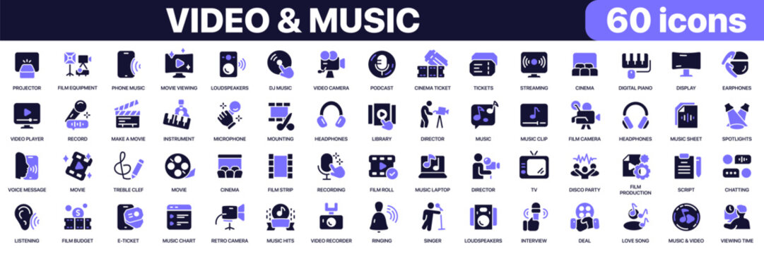 Video and music icon collection in purple colored style. Includes cinema, headphones, microphone, streaming, recording, podcast and multimedia entertainment icons in flat fill style