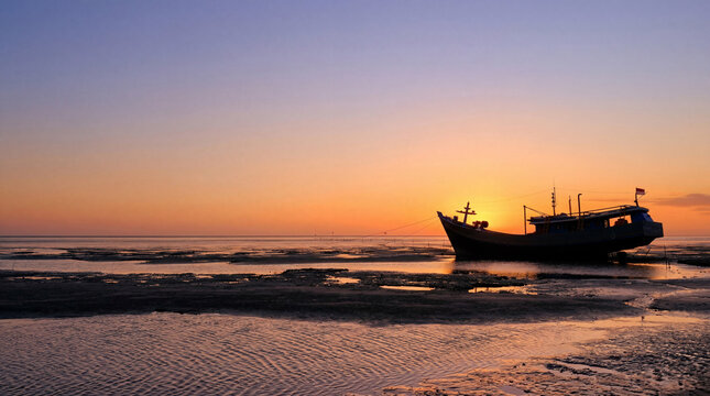 Fishing Boat Silhouette at Golden Sunset on Tropical Beach